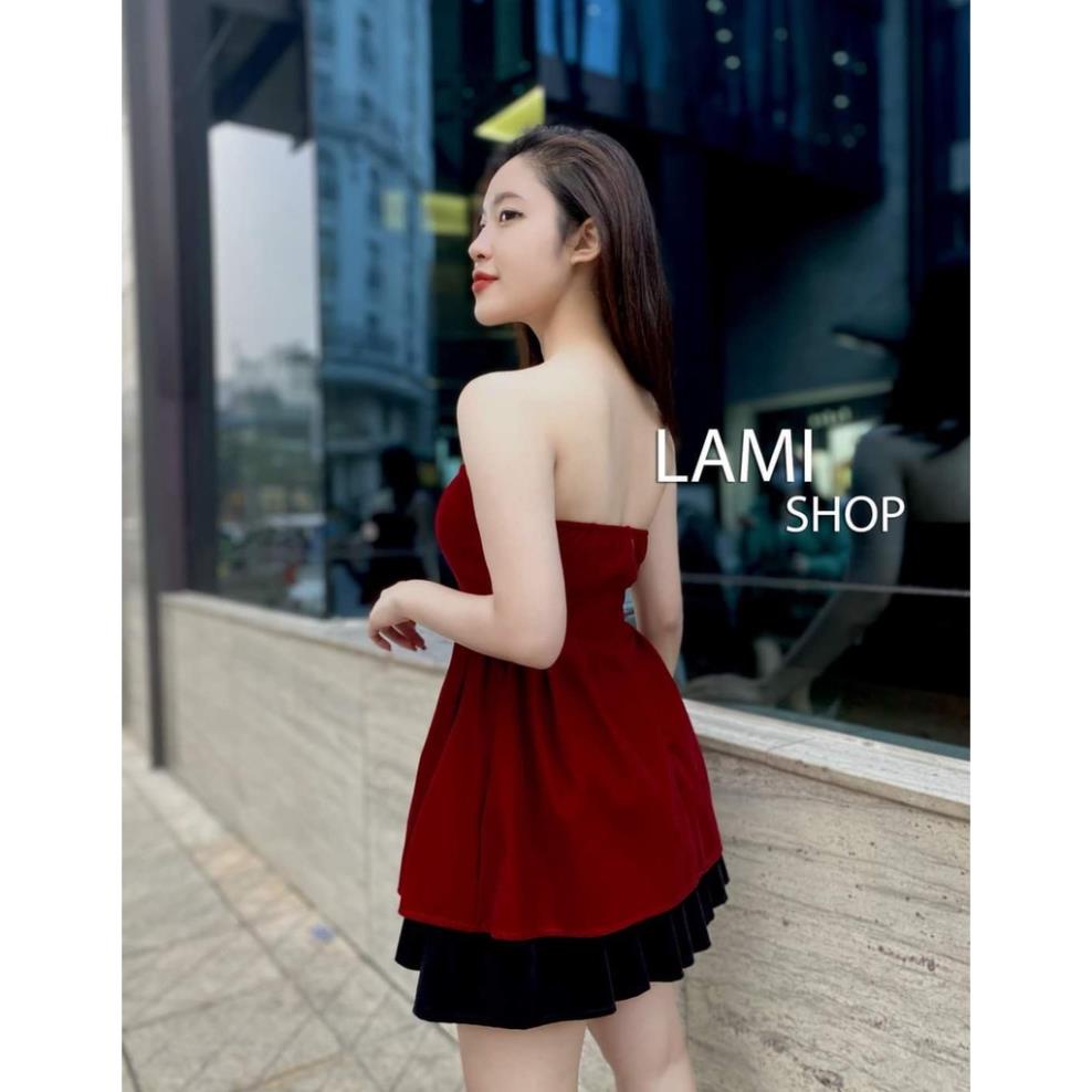 Sét đầm nữ áo cúp ngực Nhung bèo bụng phối chân váy xòe đen_ Đầm đẹp diện phố