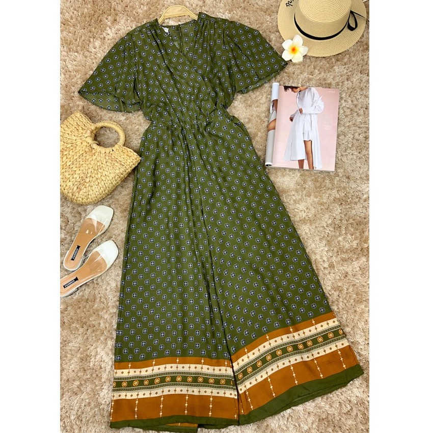 Jum thổ cẩm kẻ ô caro dài ống rộng phối cổ chéo/jumpsuit nữ ống rộng