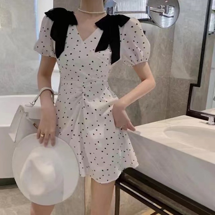 Đầm Dáng Chữ A Xếp Ly Tay Phồng Họa Tiết Chấm Bi Phong Cách Pháp Thời Trang Hàng Mới 2022 Dành Cho Bạn Nữ