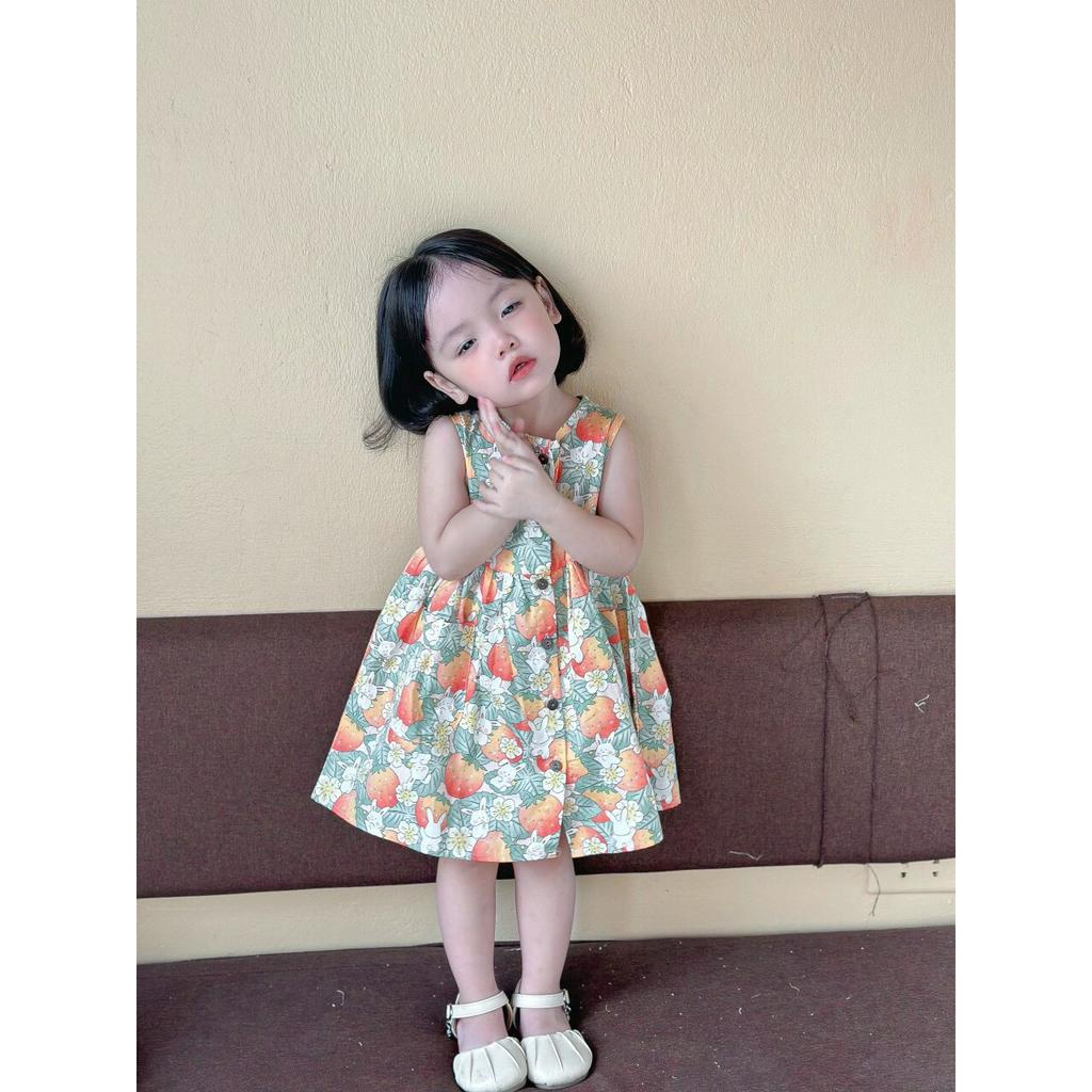 Váy cổ tròn hàng thiết kế vải thô mềm mát cho bé gái từ 8-20kg