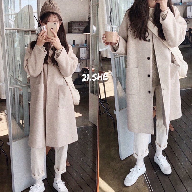 [Ảnh thật/hàng QC] Áo khoác dạ dài túi tròn ulzzang/ Áo dạ 2 lớp dày dặn