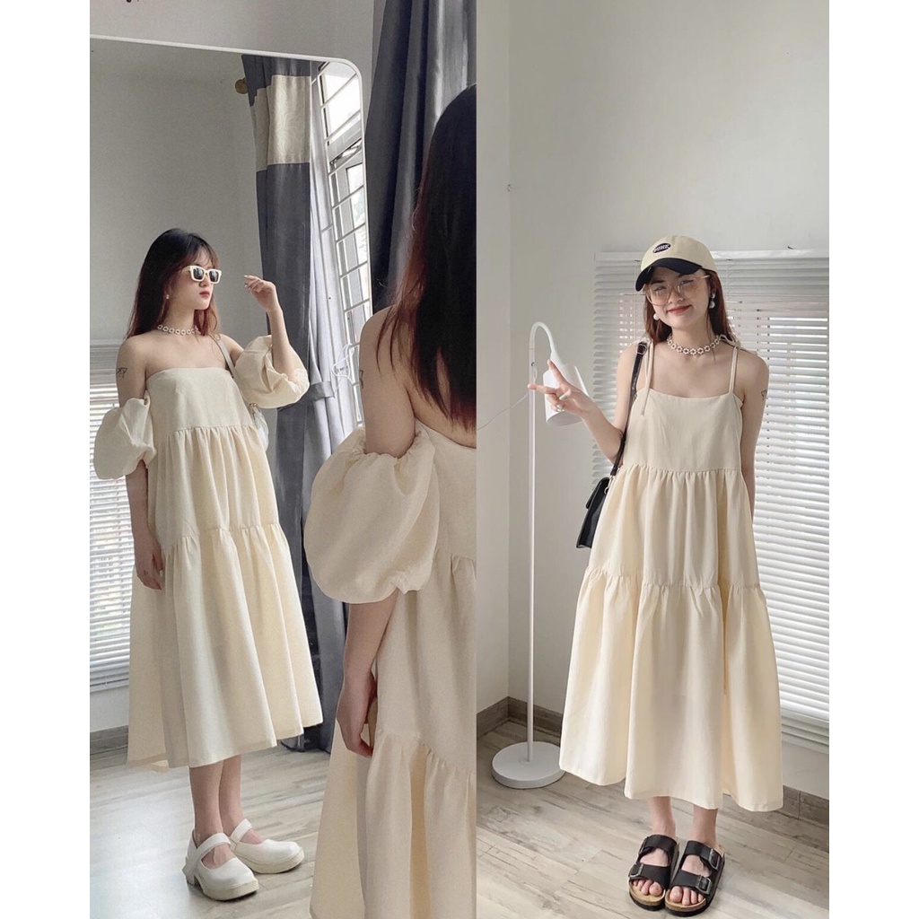 [Sẵn] Đầm - Váy 2 dây babydoll  3 tầng chất đũi xốp (tặng kèm tay rời mặc nhiều kiểu)