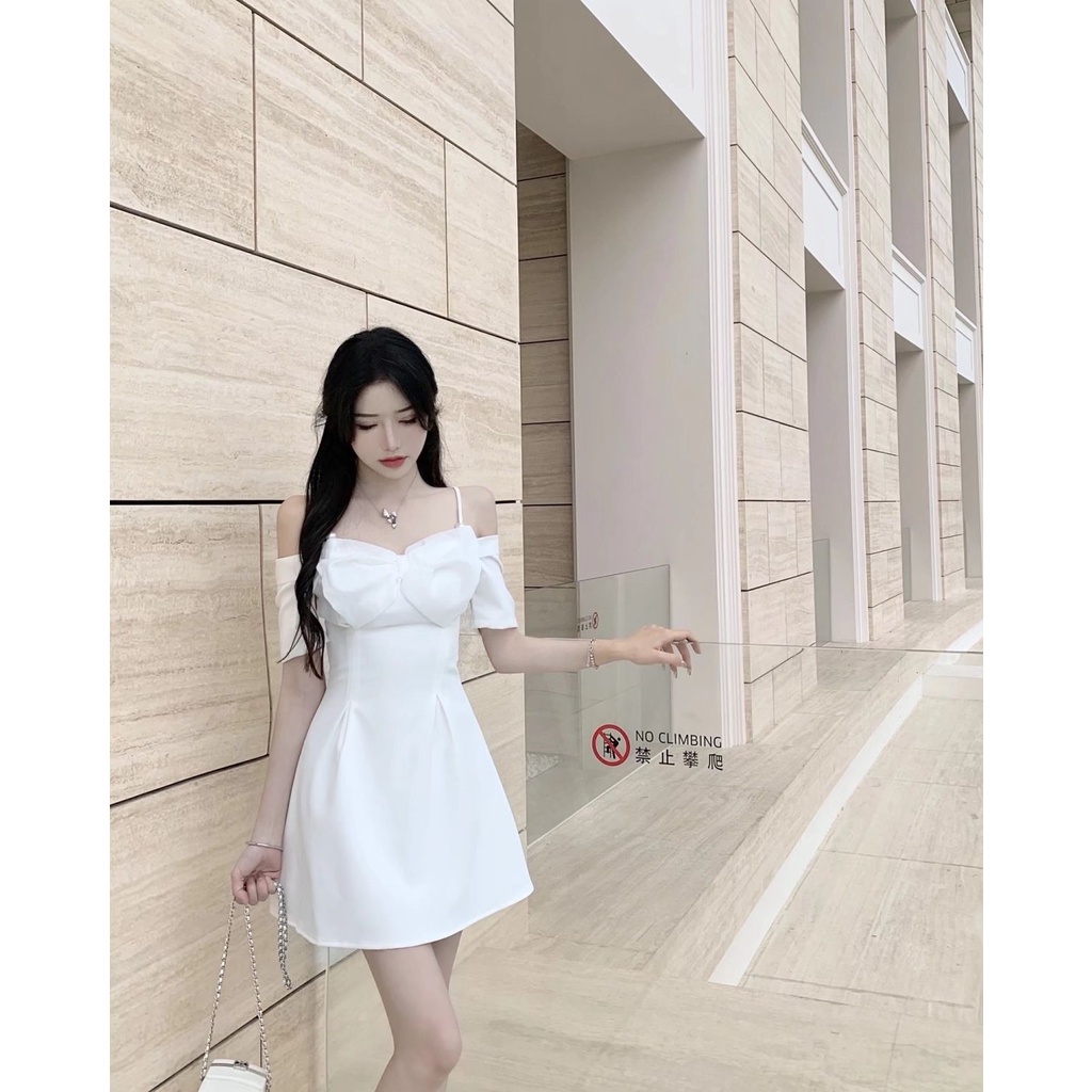 Đầm Trễ Vai Hai Dây Trắng Dáng Ôm Thiết Kế Nơ Thời Trang Mùa Hè Phong Cách Hàn Quốc