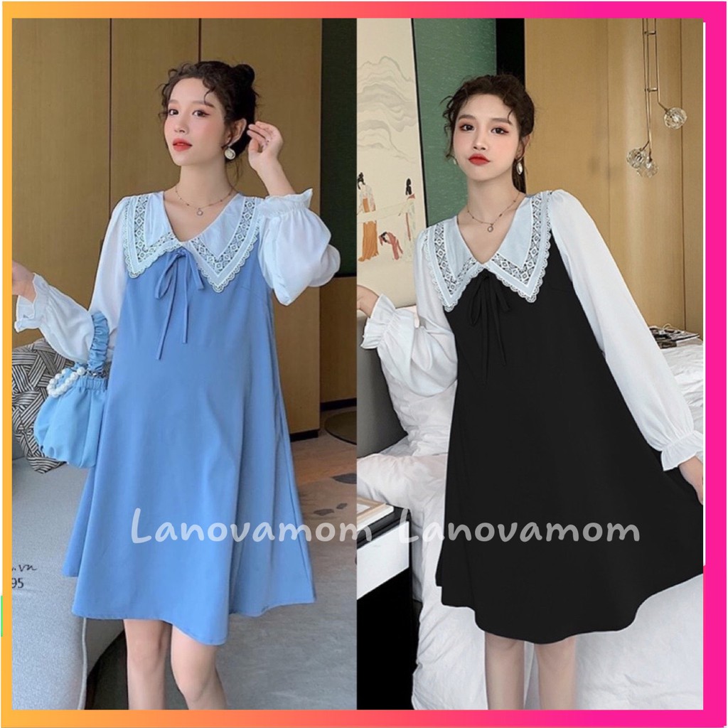 Váy bầu thu đông_ Đầm bầu dáng suông cổ ren siêu xinh cho mẹ bầu mặc bầu và sau sinh V228