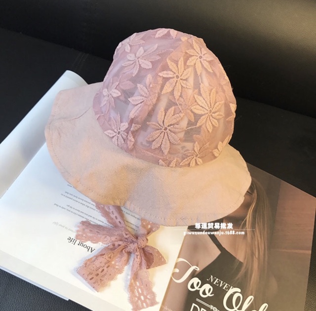 Mũ vải bé gái ren thêu hoạ tiết MS 02 (có video)