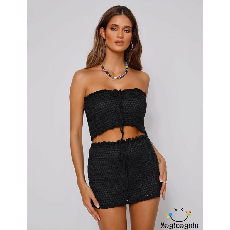 ✰DJ✲2 Piece Clothing Set Y2K Ruffles Knitted Hollow Out Strapless Tube Crop Top and Mini Skirt Chic Women Summer