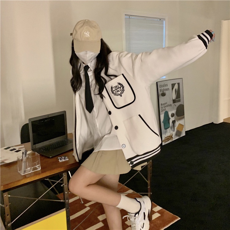 IELGY    Áo Khoác Dáng Rộng Thêu Hình plus size Phong Cách preppy Dành Cho Nữ