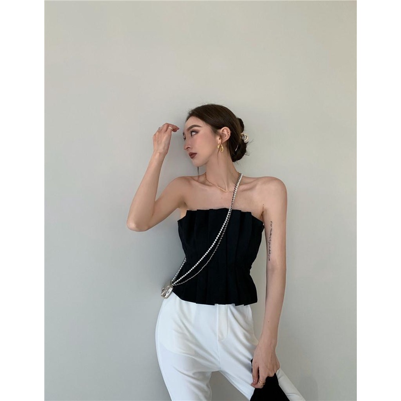 Áo ống ngắn màu đen không dây xếp ly thời trang cao cấp