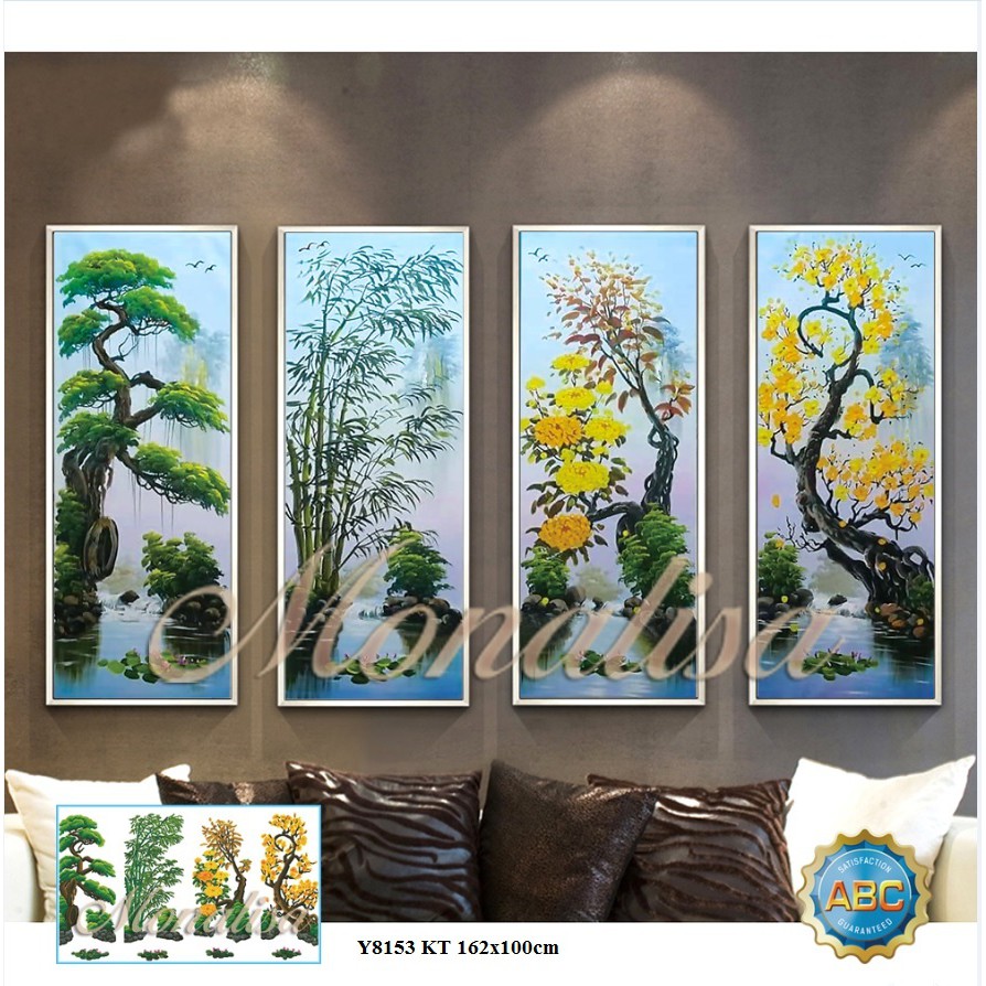 Tranh gắn đá tứ quý xuân hạ thu đồng KT:40x100x4 bức. Tranh đính đá chưa đính.