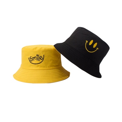 Mũ nón bucket vành rộng nam nữ 2 mặt phối màu vàng đen cao cấp thêu hình mặt cười phong cách Unisex