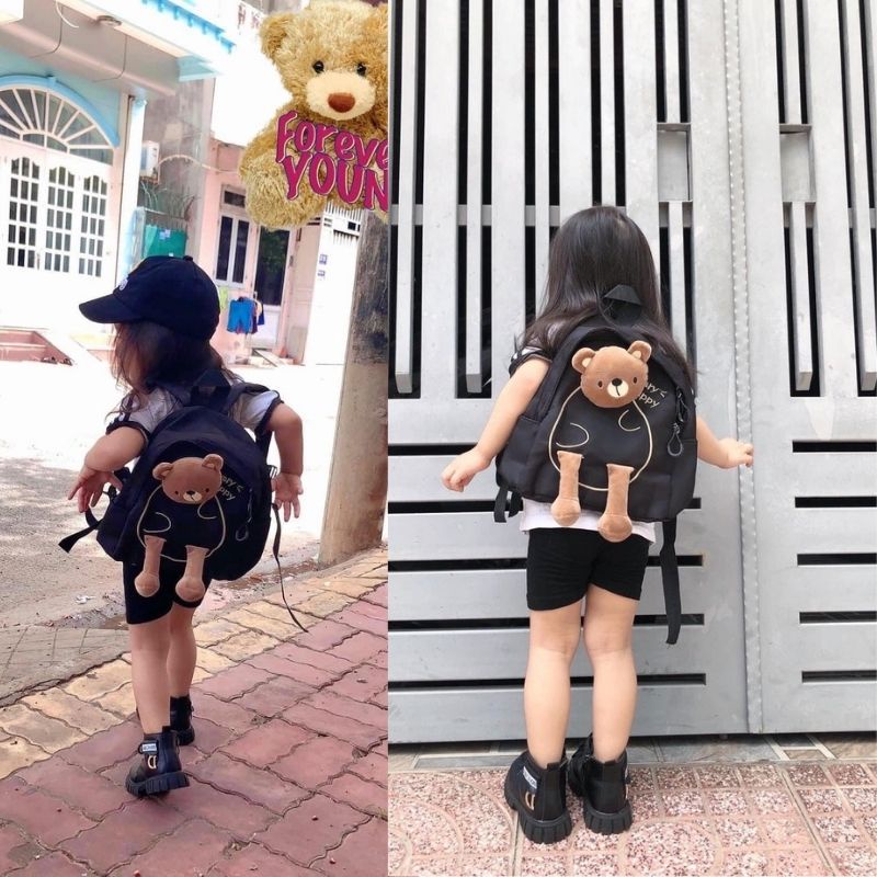 GD642 Set Balo kèm mũ lưỡi chai gấu cho các bé đi lớp