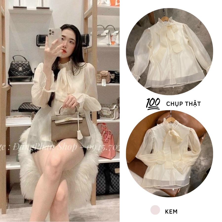 ÁO SƠ MI NỮ CÓNG SỞ MIX CHÂN VÁY CỘT NƠ ĐÍNH CƯỜM TAY DÀI XINH XẮN CHẤT LIỆU VOAN