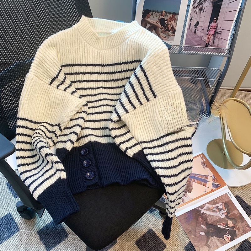 Áo Sweater Dệt Kim Dáng Rộng Họa Tiết Kẻ Sọc Màu Sắc Tương Phản Phong Cách Hàn Quốc Thời Trang Mùa Thu Cho Nữ