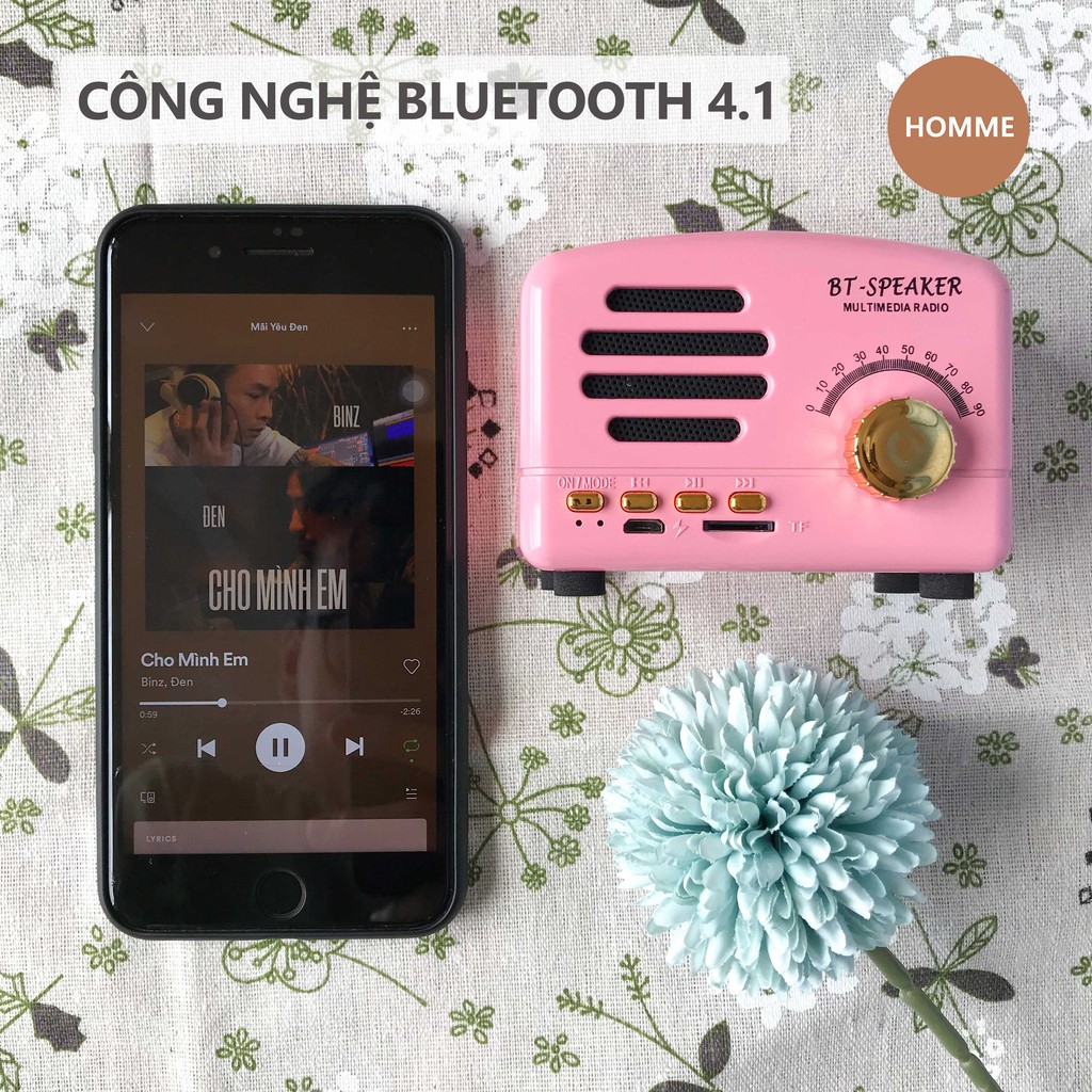 Loa Bluetooth mini cổ điển BT01 HOMME vân gỗ vintage decor phòng