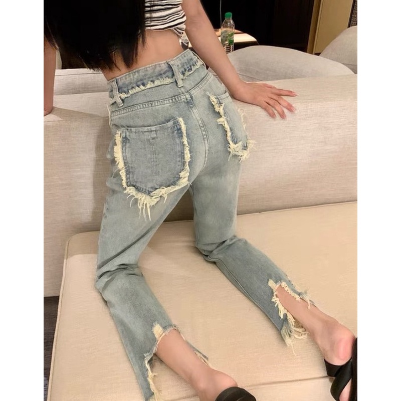 Quần Jean Rách Lưng Cao Ống Đứng Thời Trang Cho Nữ