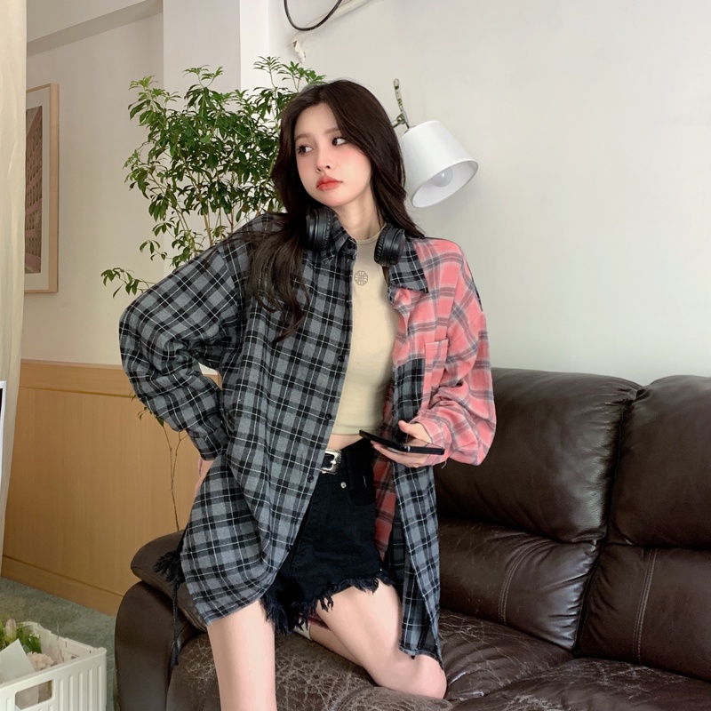 SUXI Áo Sơ Mi Caro Tay Dài Dáng Rộng Phong Cách Vintage Cho Nữ