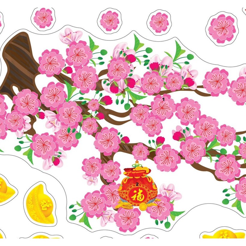 Decal trang trí tết CÀNH ĐÀO MẪU 15A (kèm họa tiết nổi)