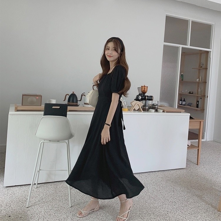 Đầm maxi SUXI tay ngắn cổ chữ V màu sắc đơn giản phong cách vintage