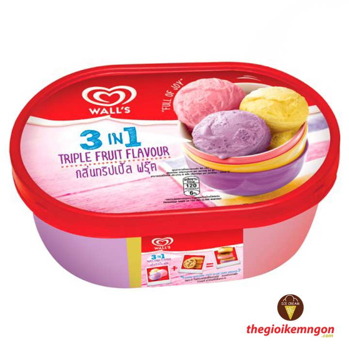 Kem hộp việt quất - chuối - phúc bồn tử Wall's 3in1 Triple Fruit (760ML)