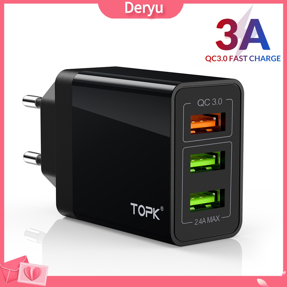 Củ sạc TOPK 30W QC3.0 3 cổng USB phích cắm EU chất lượng cao