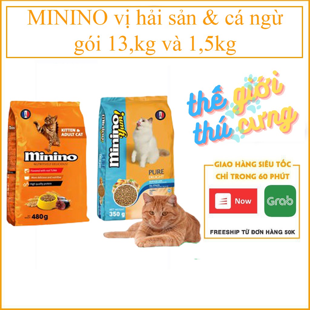 MININO (Vị hải sản & cá ngừ) gói 13,kg và 1,5kg Thức ăn viên cao cấp cho mèo, dùng cho mèo mọi lứa tuổi (hạt mèo khô)