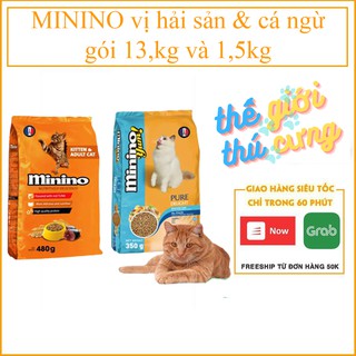 MININO (Vị hải sản & cá ngừ) gói 13,kg và 1,5kg Thức ăn viên cao cấp cho mèo, dùng cho mèo mọi lứa tuổi (hạt mèo khô)