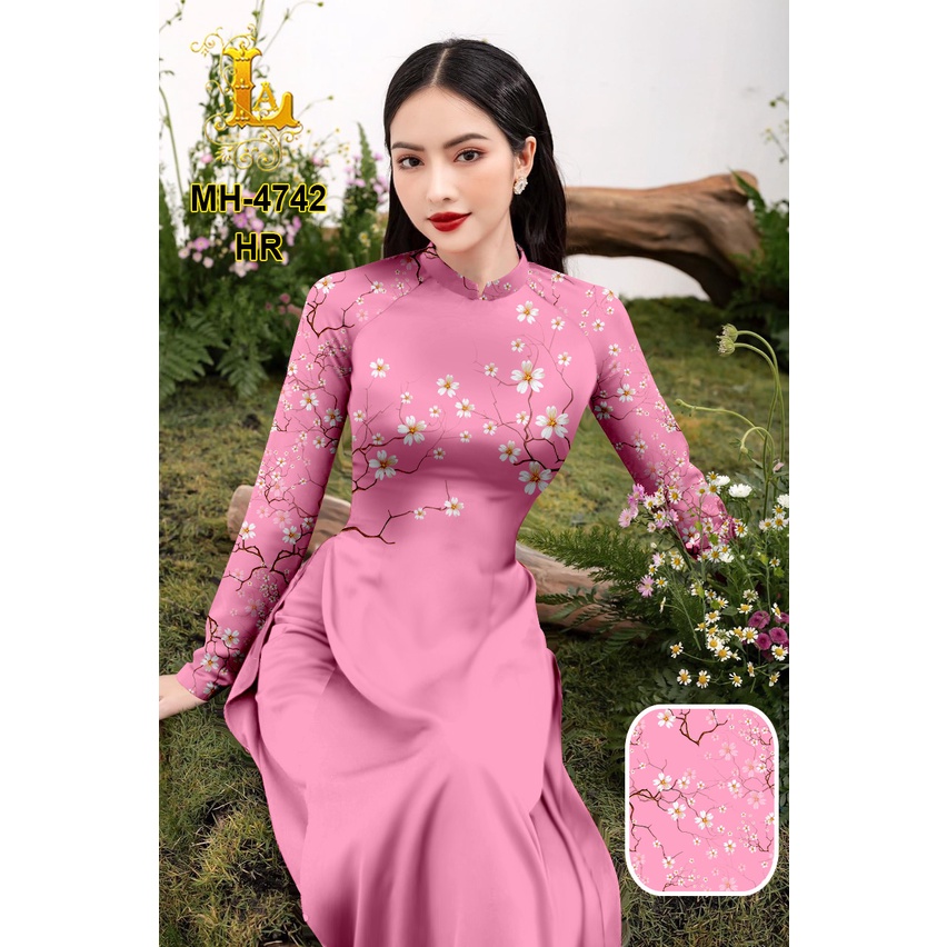 Vải áo dài tay phối hoa (MH 4742), chất lụa ruby bóng nhẹ, sang trọng, mềm, mượt, mịn, mát, co giãn nhẹ bề ngang.