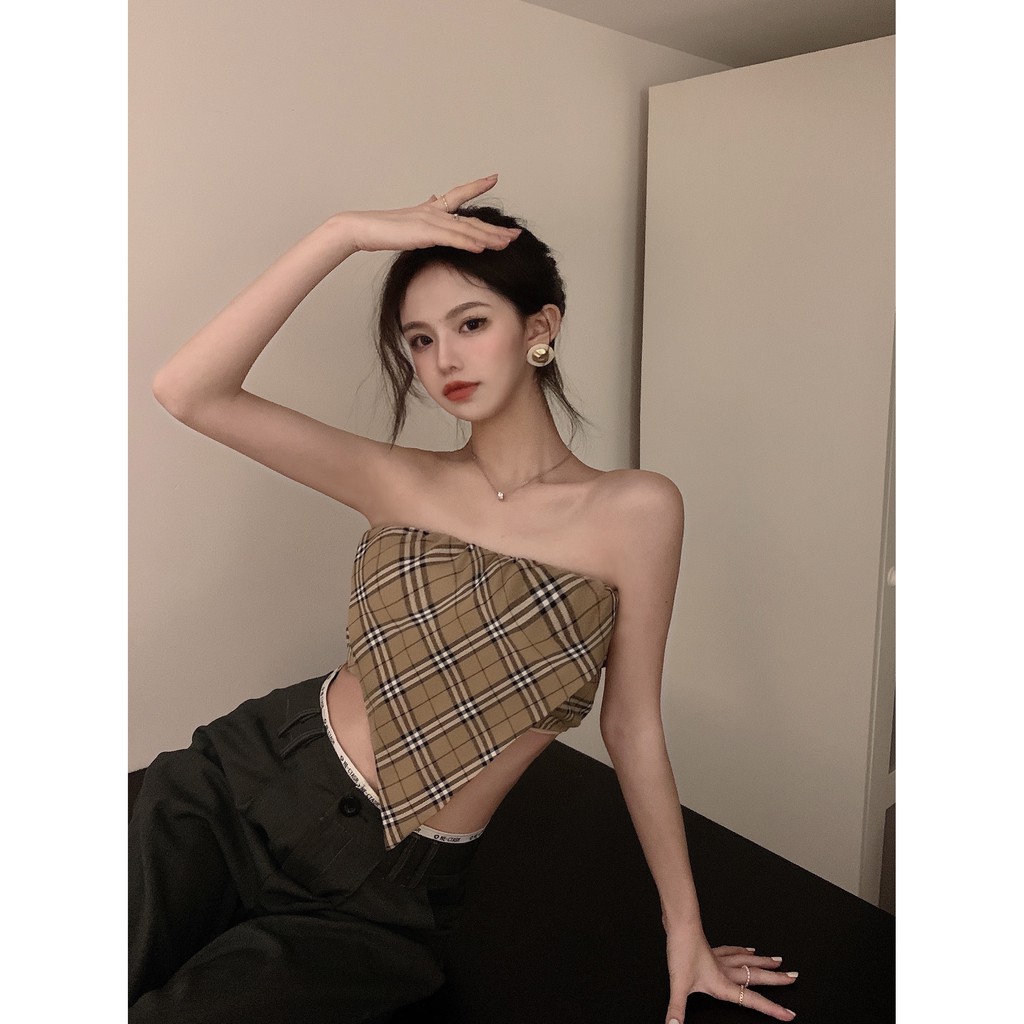 Cocory vn Áo crop top họa tiết ca rô cổ điển phong cách quyến rũ dành cho nữ