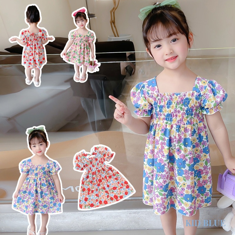 Đầm Hoa Cổ Vuông Tay Phồng Thời Trang Phương Tây Dễ Thương Cho Bé Gái