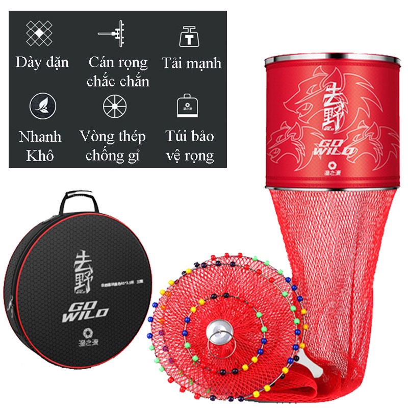 Giỏ Đựng Cá, Rọng Đựng Cá GO WILD lưới tráng cao su cao cấp siêu chịu tải chuyên dùng câu đài câu đơn màu đỏ KK-37