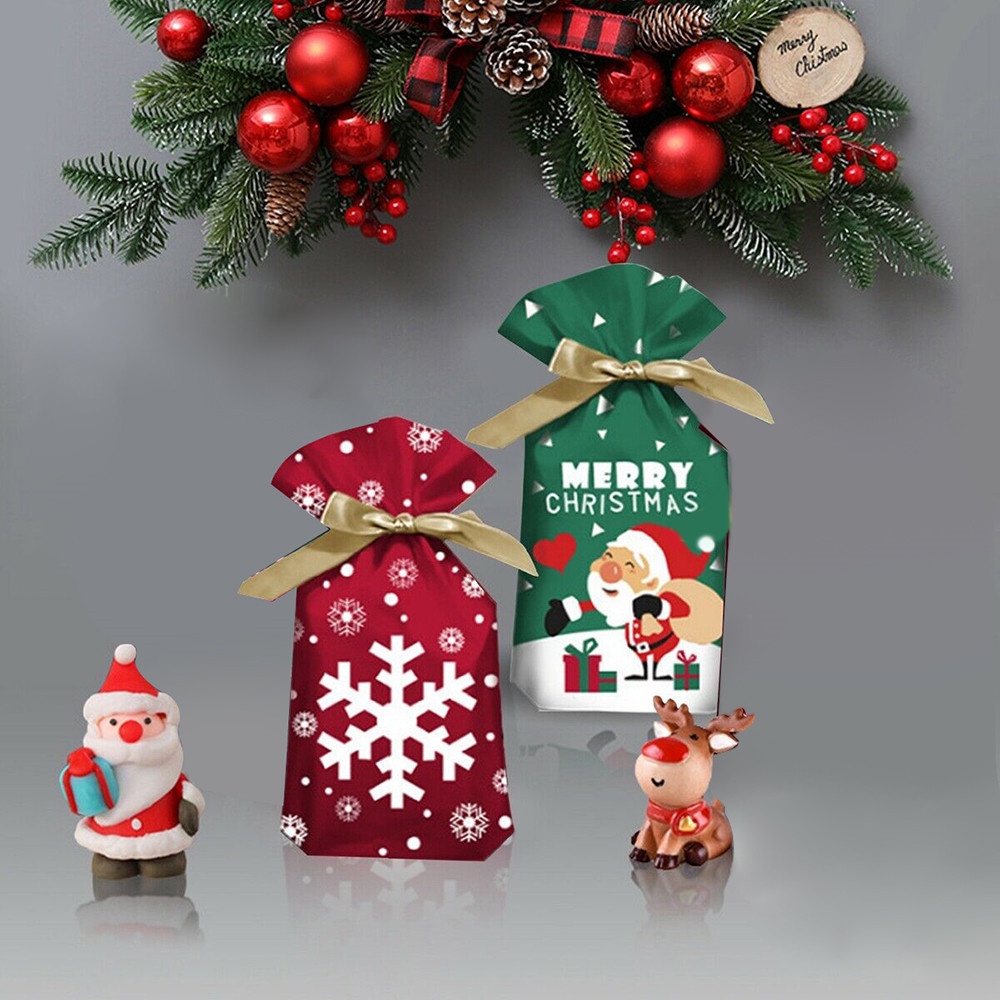 Bộ 10 chiếc túi dây rút đựng bánh kẹo 15X23CM họa tiết Giáng Sinh 2022 nhiều kiểu tùy chọn