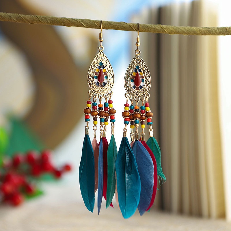 Bông tai dáng dài đính lông vũ thời trang phong cách Boho