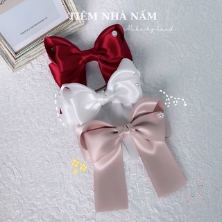 🎀 KẸP TÓC NƠ ĐÍNH HẠT NGỌC TIỂU THƯ XINH XẮN - [ Nhà Nấm handmade ]