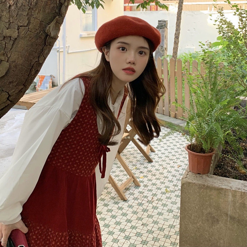 Áo đầm hai mảnh thời trang phong cách Hàn Quốc cổ điển miền tây màu đỏ Giáng sinh dành cho nữ