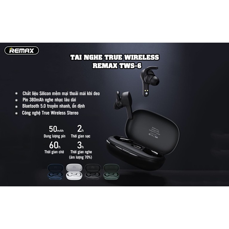 Tai nghe bluetooth cảm ứng Remax TWS-6 V5.0 kết nối từng tai riêng biệt Chính hãng