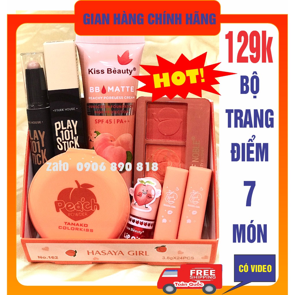 Bộ Trang Điểm Chính Hãng cao cấp Peach play 7 món gồm phấn phủ , kem nền, tạo khối, má hồng , son kem, son dưỡng