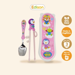 Đồ dùng ăn dặm cho bé 2 món (thìa, đũa tập ăn) 9859 hình Pororo hồng có hộp - hàng chính hãng Edison