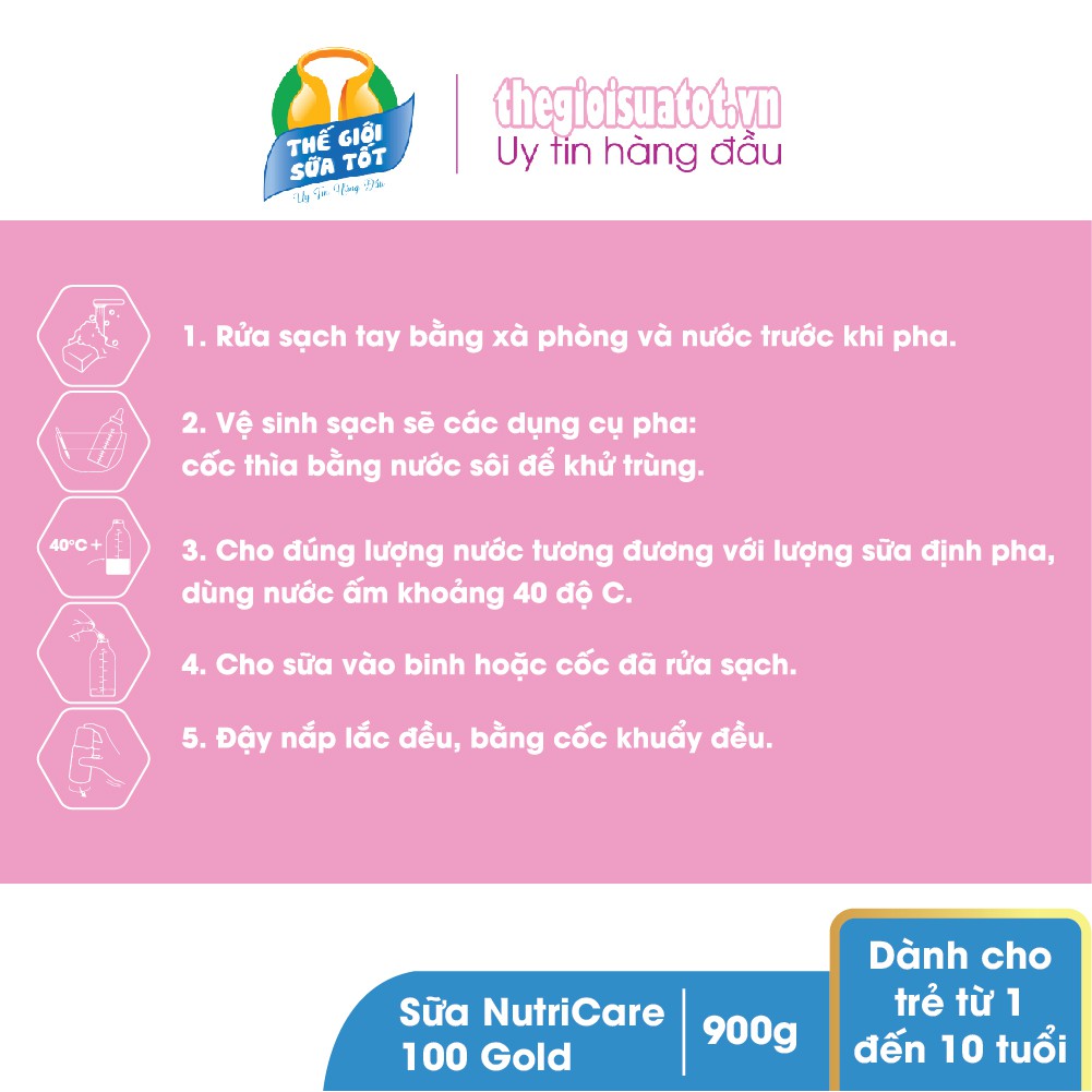 Sữa bột NutriCare 100 Gold  Phát triển cân nặng & chiều cao vượt trội cho trẻ từ 1-10 tuổi 900g | BigBuy360 - bigbuy360.vn