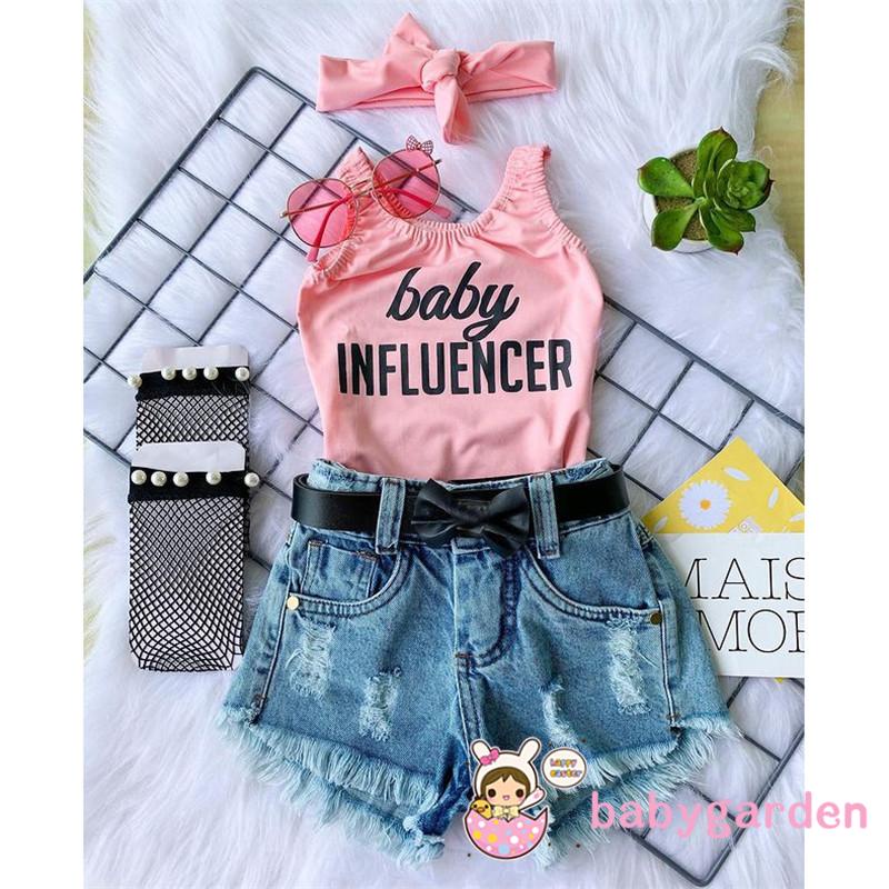 Set Đồ 3 Món Gồm Áo Ba Lỗ In Chữ + Quần Short Denim Rách + Băng Đô Dành Cho Bé Gái 6 Tháng 5 Tuổi