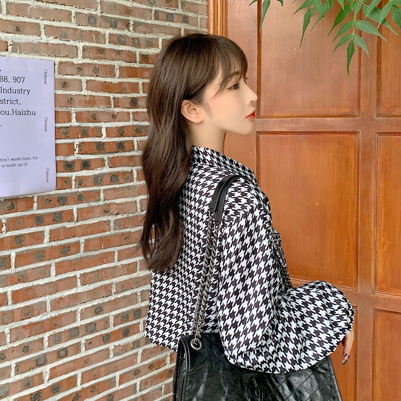 SUXI Áo sơ mi tay dài dáng rộng họa tiết kẻ sọc caro thời trang mùa thu Hàn Quốc trẻ trung năng động cho nữ