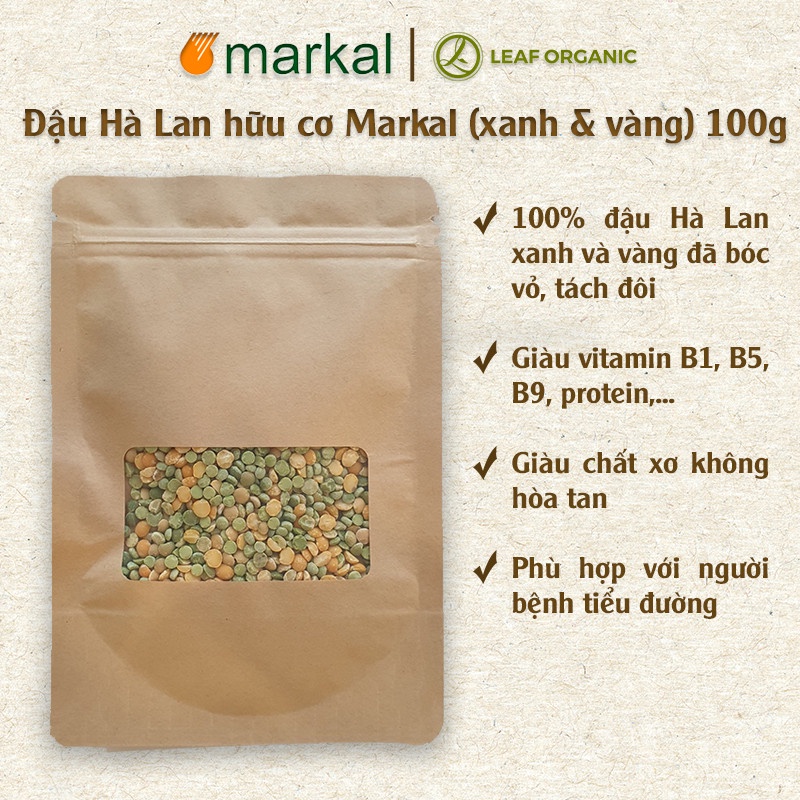 Đậu Hà Lan hữu cơ Markal (xanh &amp; vàng) túi zip 100g giàu vitamin B1, B5, B9, protein