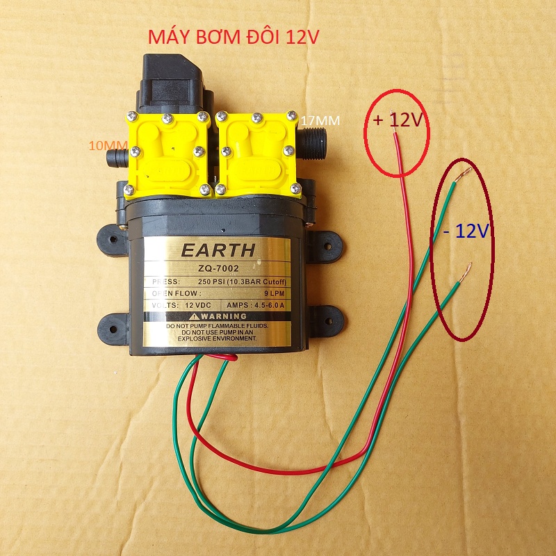Máy bơm đôi EARTH tăng áp lực nước mini 12V 120W Lưu lượng 9L/phút dùng phun sương,máy bơm mini 12v