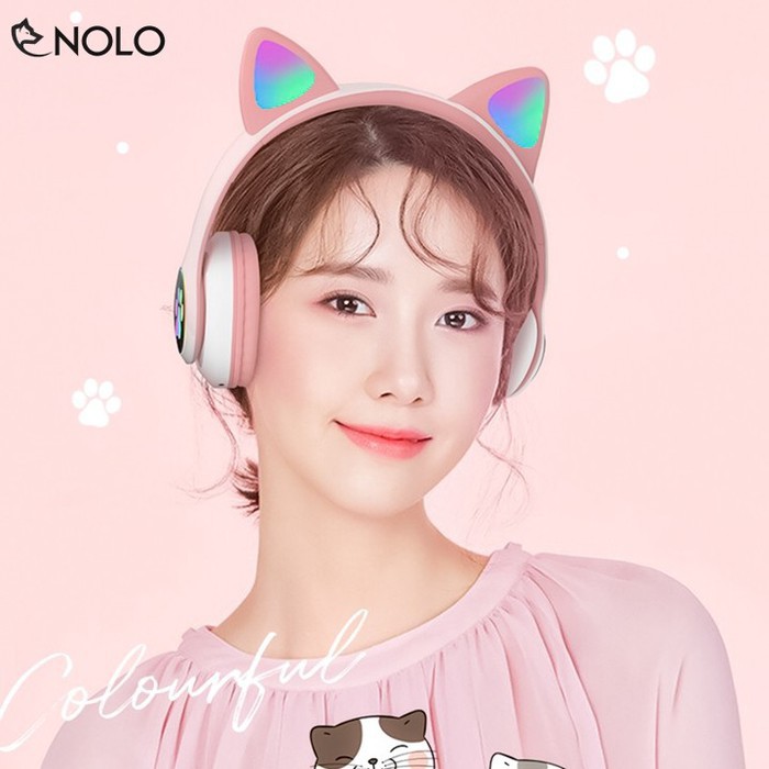 Tai Nghe Chụp Tai Headphone Bluetooth V5.0 Model VZVB29  Tai Mèo Có Đèn Led RGB Đổi Màu Hỗ Trợ Nghe Qua Dây Cắm