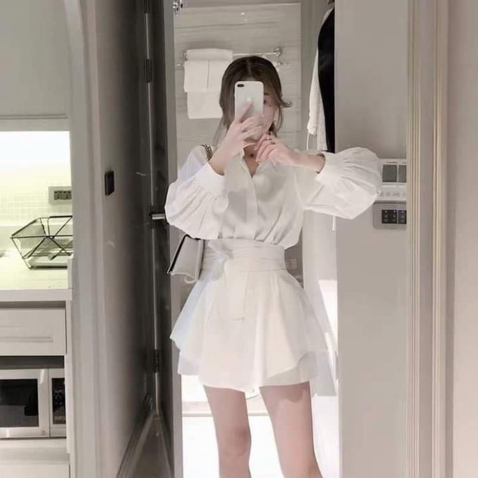 set đồ nữ sang chảnh, bộ đồ nữ áo sơ mi dài dây eo kèm quần 2 màu basic nội y xanh chất đẹp giá tốt