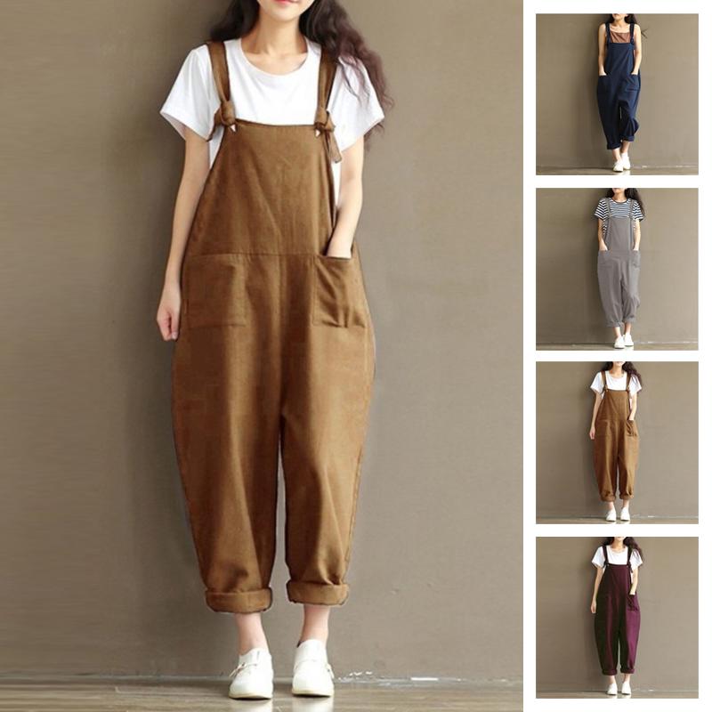Ladies Cotton Linen Trousers Jumpsuit Strap Harem Solid Color Pants Baggy Overal
