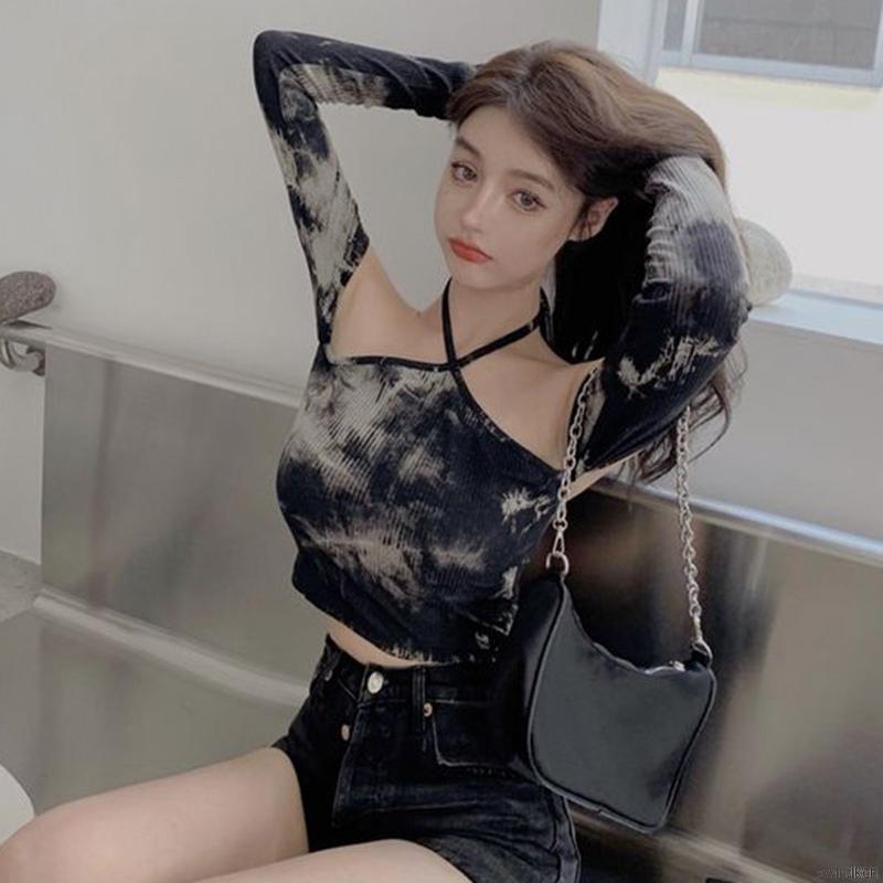 Áo Trễ Vai Dài Tay Nhuộm Loang Phong Cách Quyến Rũ Thanh Lịch Cho Nữ