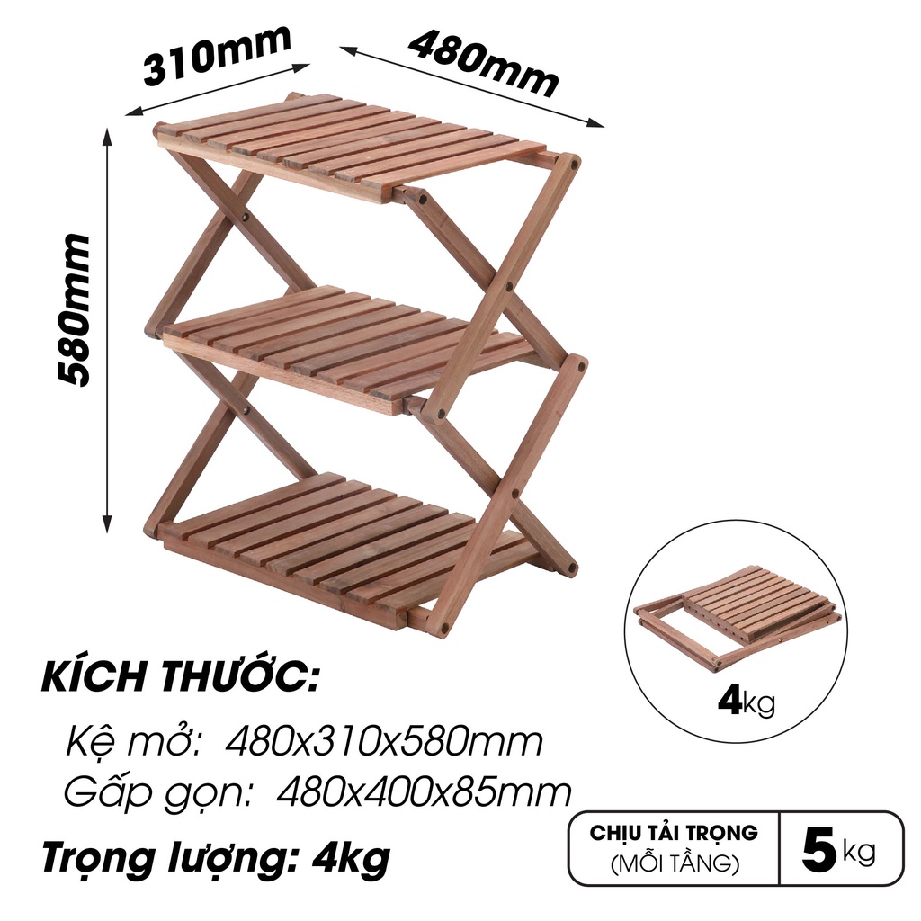 Kệ gỗ để đồ 3 tầng xếp đa năng Vietcamp - kệ xếp dã ngoại - giá kệ gia dụng