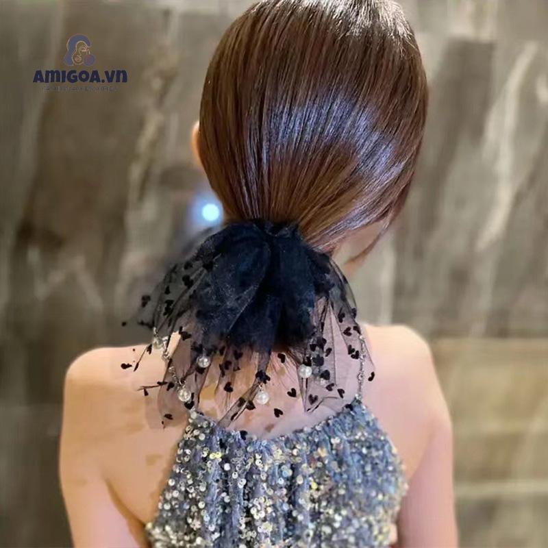 ✨✨Dây Cột Tóc Vải Lưới Họa Tiết Chấm Bi Phối Tua Rua Và Ngọc Trai Xinh Xắn
