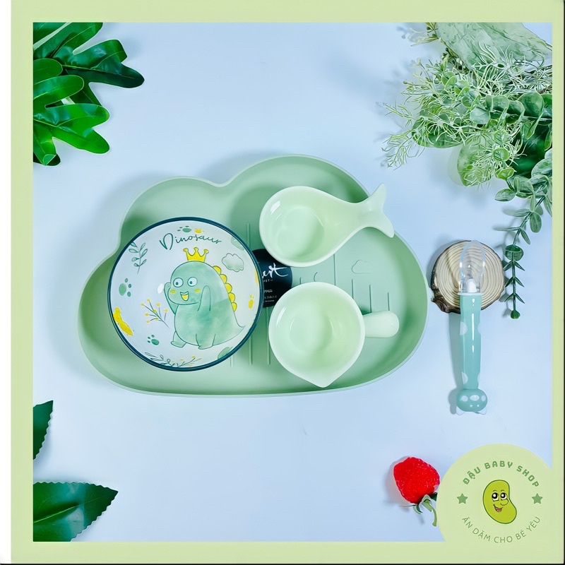Set bát ăn dặm cho bé bằng sứ màu xanh lá, kiểu dáng ngộ nghĩnh, an toàn tuyệt đối