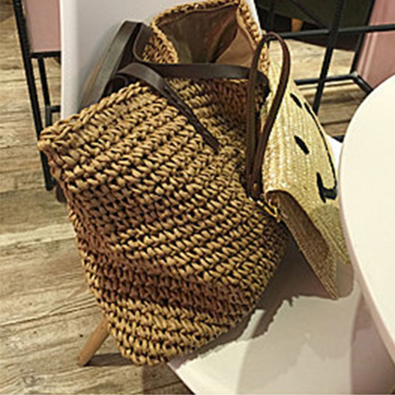 Túi Xách Sức Chứa Lớn Bằng Rơm Bện Với Tay Cầm Giả Da Khóa Kéo Phong Cách Bohemian Vintage Cho Nữ